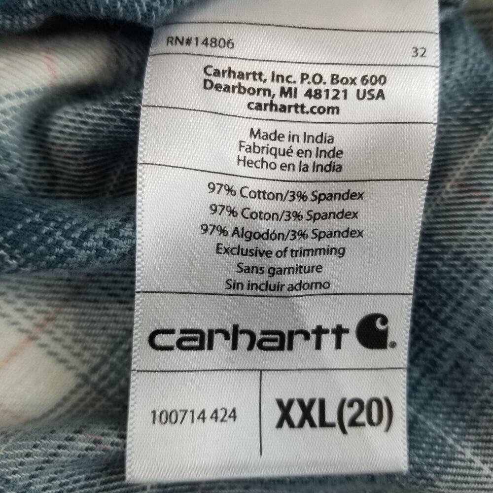 Carhartt Shirt Mens 2XL Blue Gray Plaid Button Down Flannel Stretch Casual - Picture 5 of 8